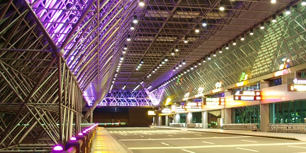 The interior of a building with bright purple LED lights