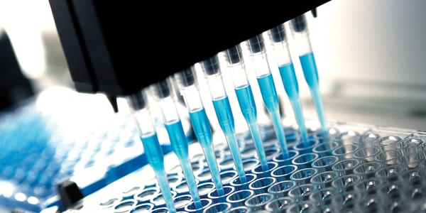 A closeup of a pallet of test tubes being filled with a fluid