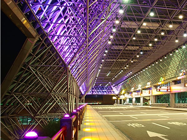 The interior of a building with bright purple LED lights