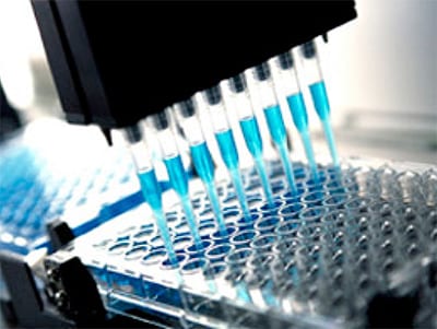 A closeup of a pallet of test tubes being filled with a fluid