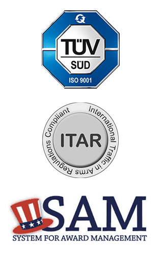 TUV SUD ISO 9001 Logo, ITAR Logo, SAM Logo